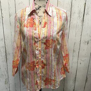 Talbots floral, striped blouse with ruffle button blouse with loose sleeves M